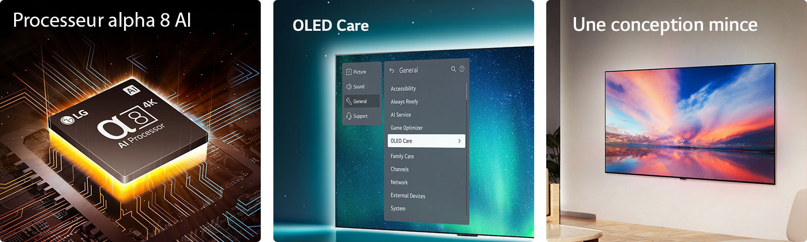 Le processeur alpha 8 AI de LG au sommet d'une carte mère, émettant des éclairs de lumière orange.  Le téléviseur OLED avec le menu OLED Care est sélectionné dans le menu d'assistance qui s'affiche à l'écran.  La conception mince dans une vue de côté alors qu'il est placé à plat contre le mur dans un espace de vie moderne.