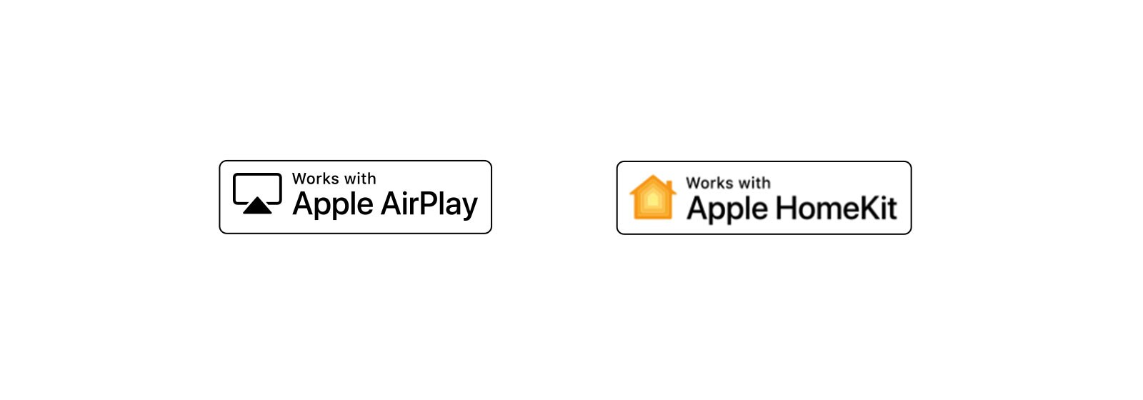 Quatre logos sont déplacés dans l’ordre suivant : Hey Google, Alexa intégré, fonctionne avec Apple airplay, fonctionne avec Apple HomeKit. 