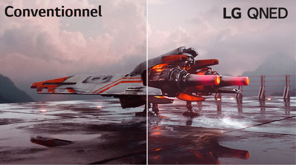 Un avion de chasse rouge et une image divisée en deux – la partie gauche de l’image semble moins colorée et légèrement plus sombre tandis que la partie droite est plus lumineuse et plus colorée. Dans le coin supérieur gauche de l’image, on peut lire « Conventionnel » et dans le coin supérieur droit, le logo LG QNED.