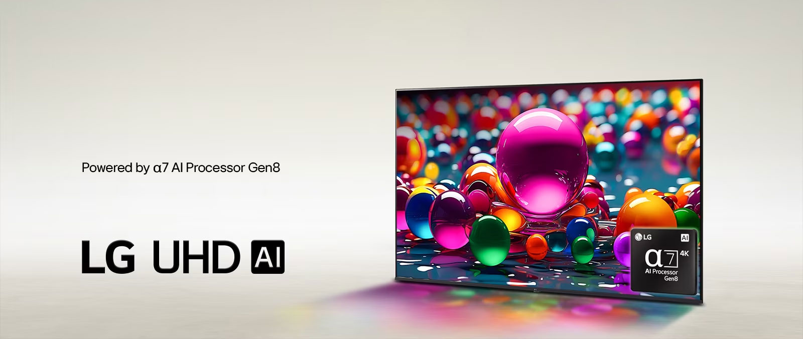 La LG UHD TV est légèrement inclinée vers la gauche et représente des marbres colorés placés dans différentes couleurs, rose, bleu et violet. Le logo processeur alpha 7 AI de 8ème génération est situé dans le coin inférieur droit de la TV. Le logo du LG UHD AI se trouve dans le coin en bas à gauche. Le texte est également visible, alimenté par le processeur alpha 7 AI de 8ème génération.