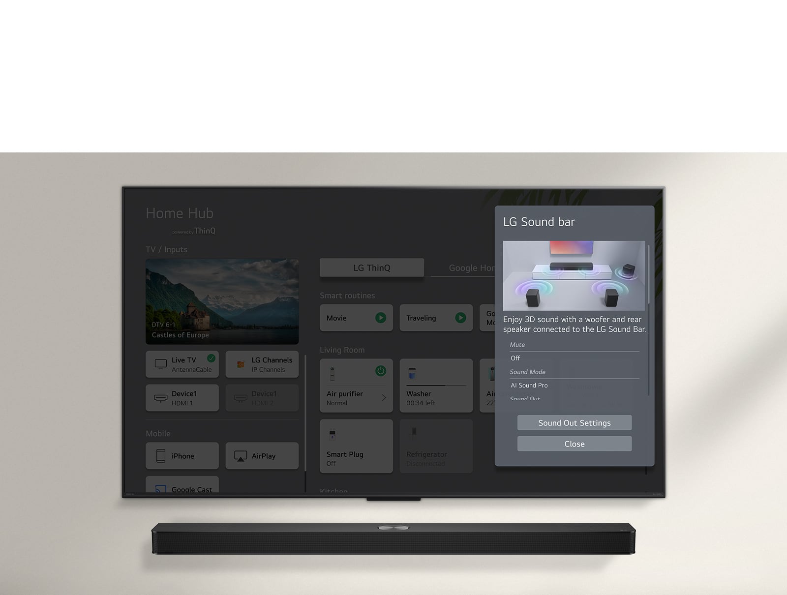 La LG Soundbar se trouve sous la LG OLED TV. Sur l’écran de TV se trouve l’interface utilisateur pour les commandes de volume de la Soundbar et de la TV. 
