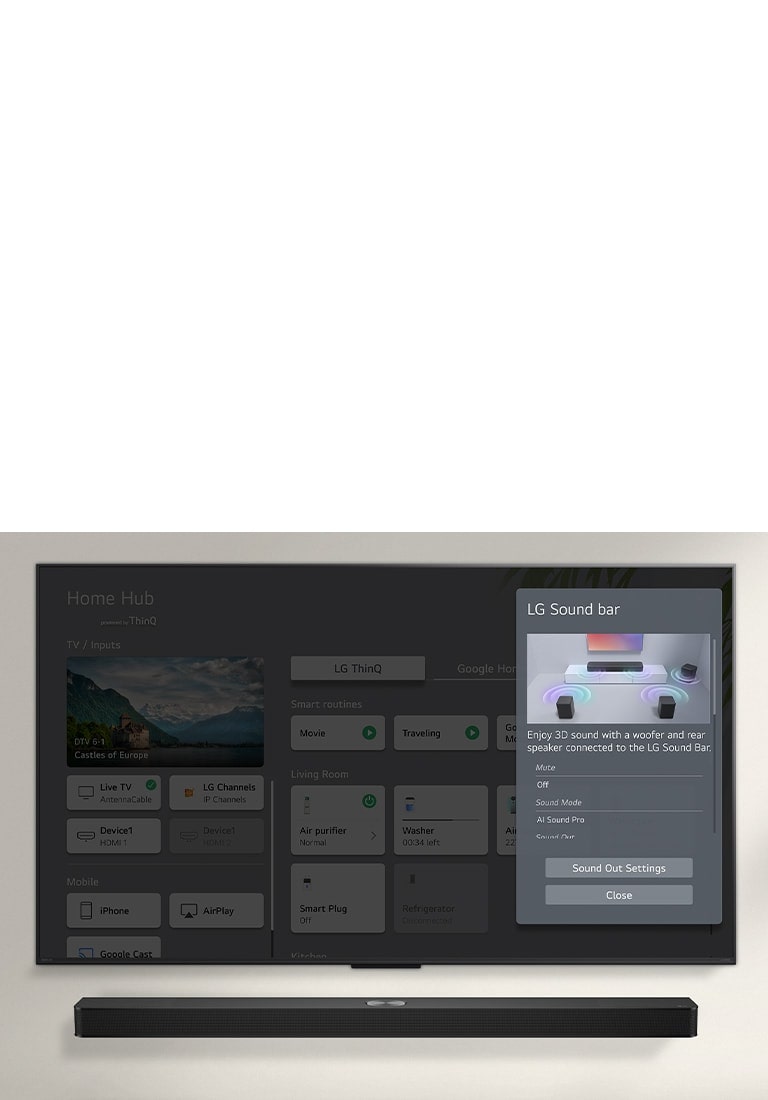 La LG Soundbar se trouve sous la LG OLED TV. Sur l’écran de TV se trouve l’interface utilisateur pour les commandes de volume de la Soundbar et de la TV. 