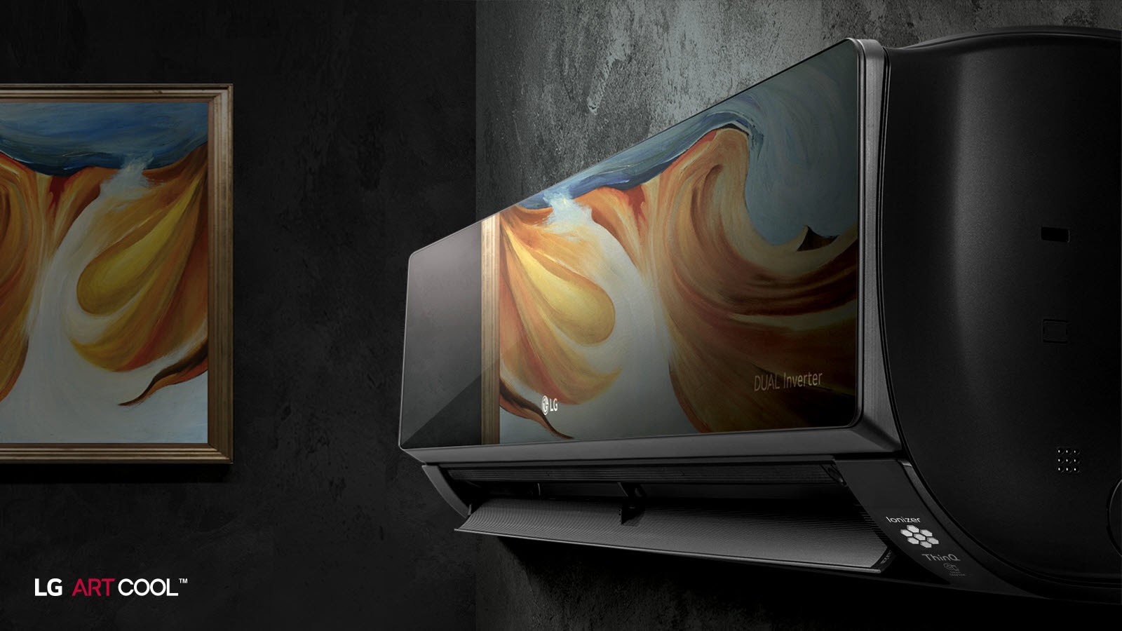 An LG air conditioner with the ARTCOOL mirrored glass exterior is seen hanging on a wall at an angle.