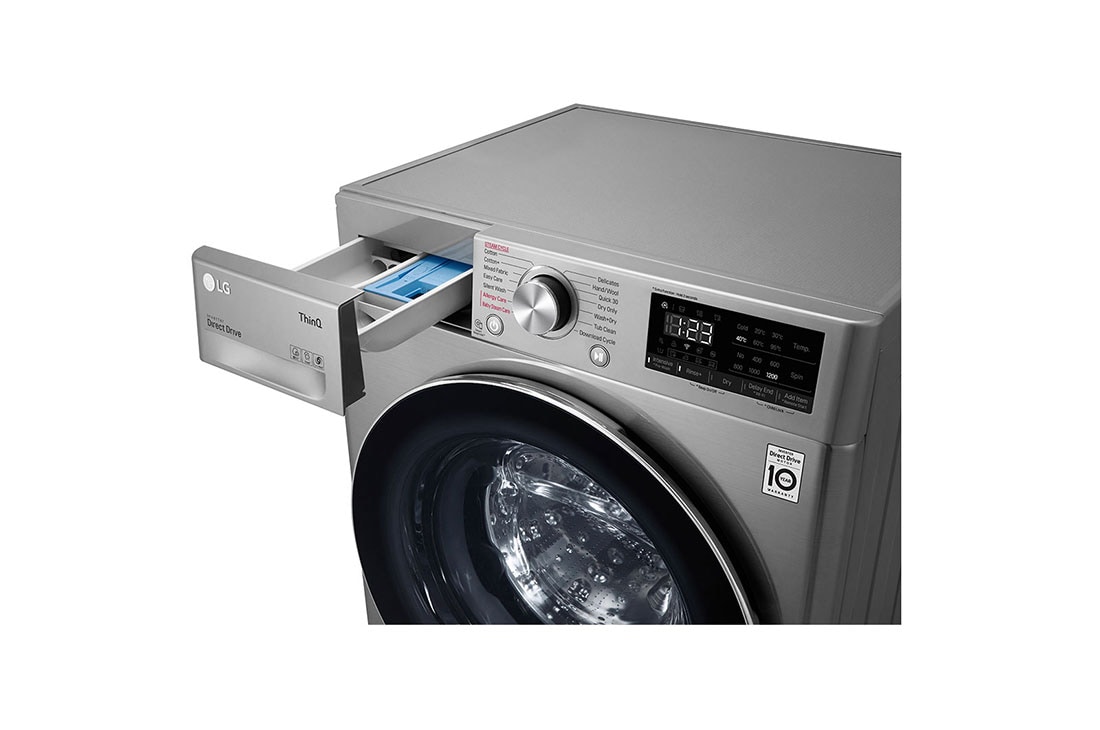 LG Machine à laver 7kg avec moteur Inverter Direct Drive 6 motions chargement frontal, couleur argent, boîte de détergent ouverte, FH2J3QDNG5P, thumbnail 5