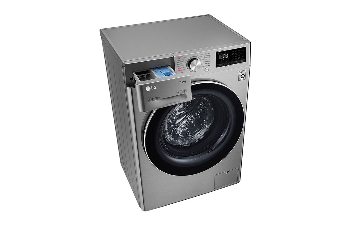 LG Machine à laver 7kg avec moteur Inverter Direct Drive 6 motions chargement frontal, couleur argent, Vue prospective de haut avec boîte de déteregnt, FH2J3QDNG5P, thumbnail 9