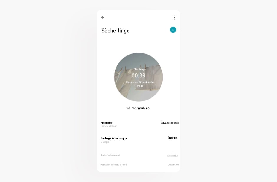 L’image montre l’écran d’un sèche-linge dans l’application LG ThinQ