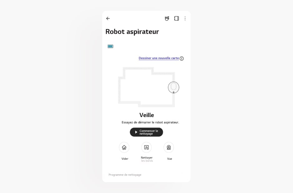 L’image montre l’écran d’un robot aspirateur dans l’application LG ThinQ