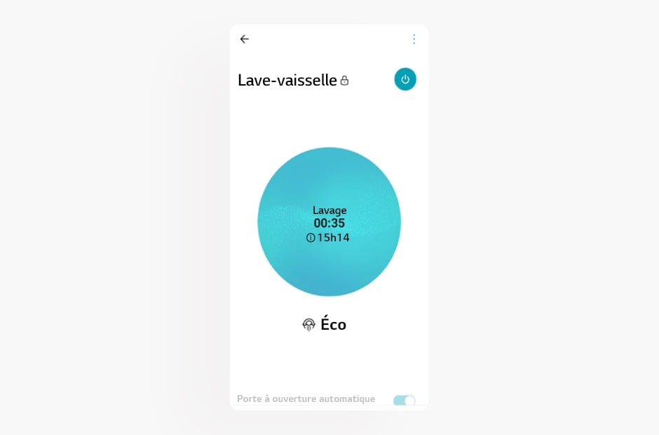 L’image montre l’écran d’un lave-vaisselle dans l’application LG ThinQ