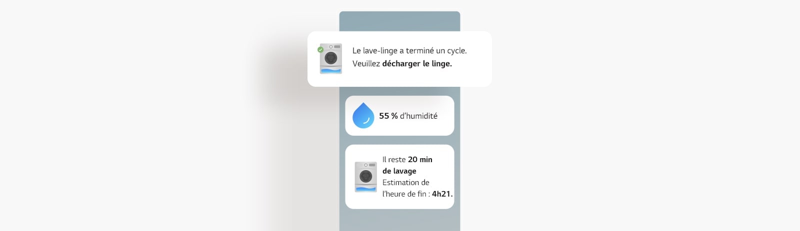 L’image montre un écran affichant les mises à jour de l’avancée du lavage dans l’application LG ThinQ.