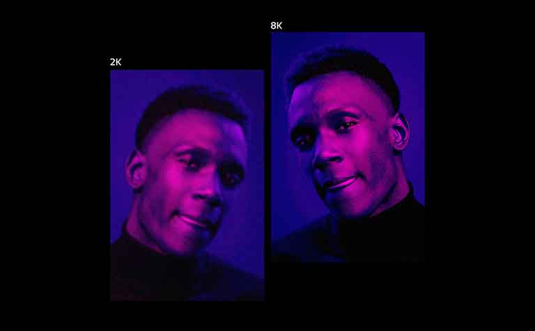 À droite se trouve une image d’un gros plan sur le visage d’un homme sous un éclairage violet et le texte au-dessus indique 8K. L’image est très claire. Sur la gauche se trouve la même image, mais un peu moins claire, et le texte au-dessus indique 2K et l’image devient un peu plus claire et le texte au-dessus passe à 4K.