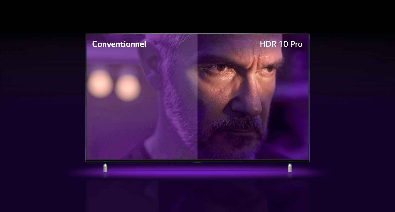 Un homme regarde dehors, l’air furieux. L’image est divisée en deux parties. Sur la partie gauche de l’image, les couleurs semblent ternes et moins vives, tandis que la partie droite semble plus vive et plus colorée. Dans le coin supérieur gauche, il est écrit « conventionnel », dans le coin supérieur droit, il est écrit « HDR 10 PRO ». Un zoom arrière est effectué sur l’image, qui affiche un téléviseur QNED TV.