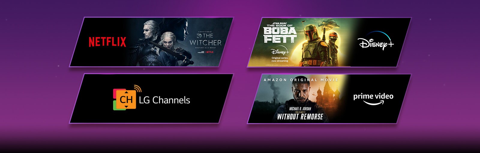 Il y a 3 blocs d’images - chacun avec le logo de la plate-forme de streaming et une image de séquence. Logo Netflix avec The Witcher, logo Prime Video avec Sans aucun remords, logo LG Channels et logo uniquement.  