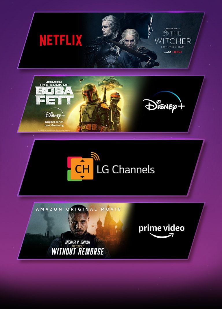 Il y a 3 blocs d’images - chacun avec le logo de la plate-forme de streaming et une image de séquence. Logo Netflix avec The Witcher, logo Prime Video avec Sans aucun remords, logo LG Channels et logo uniquement.  