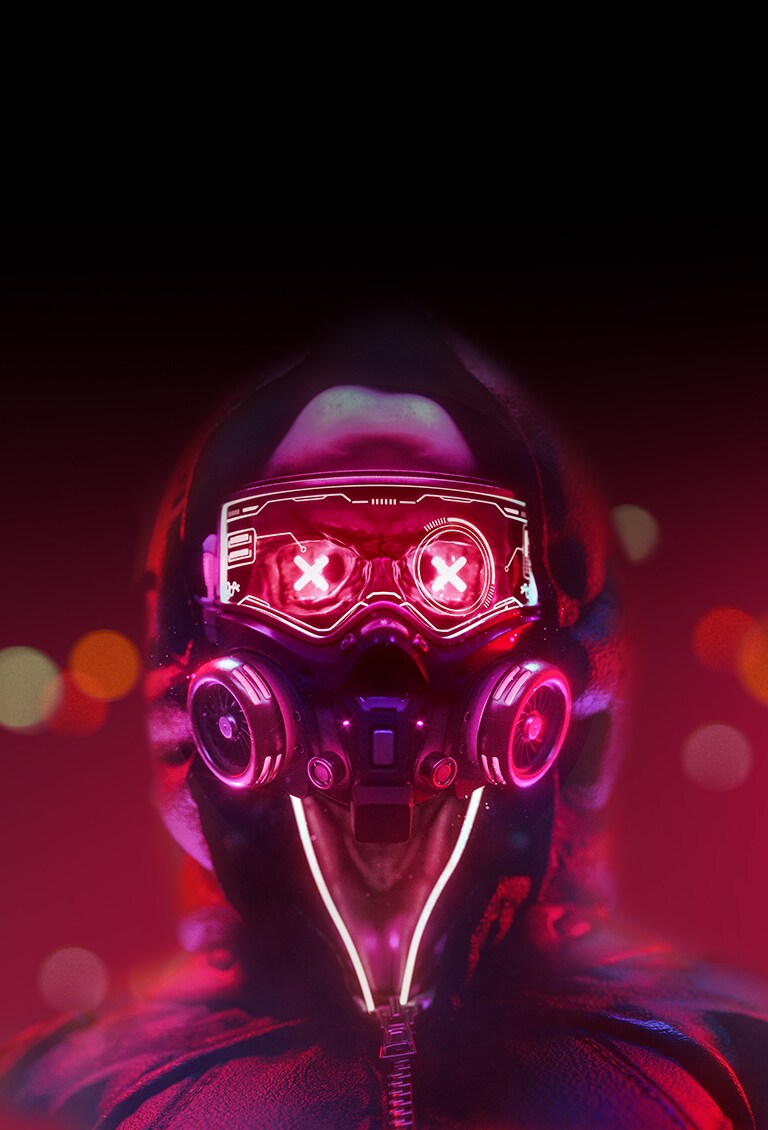 Image d’un robot sous un éclairage rouge. Il cligne lentement des yeux.