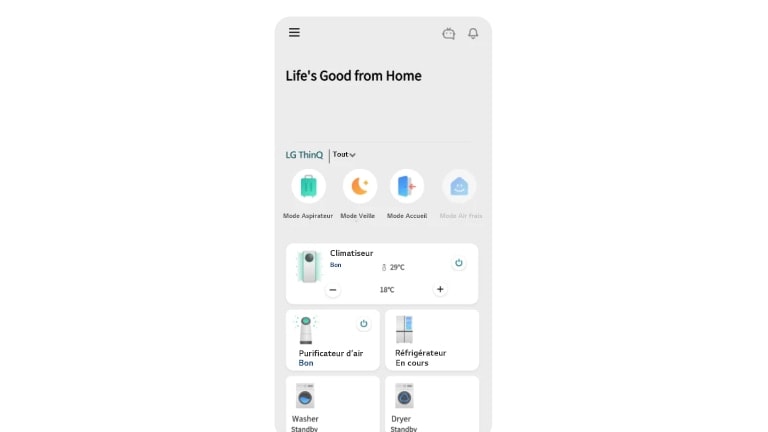 L’image montre l’écran de l’application LG ThinQ
