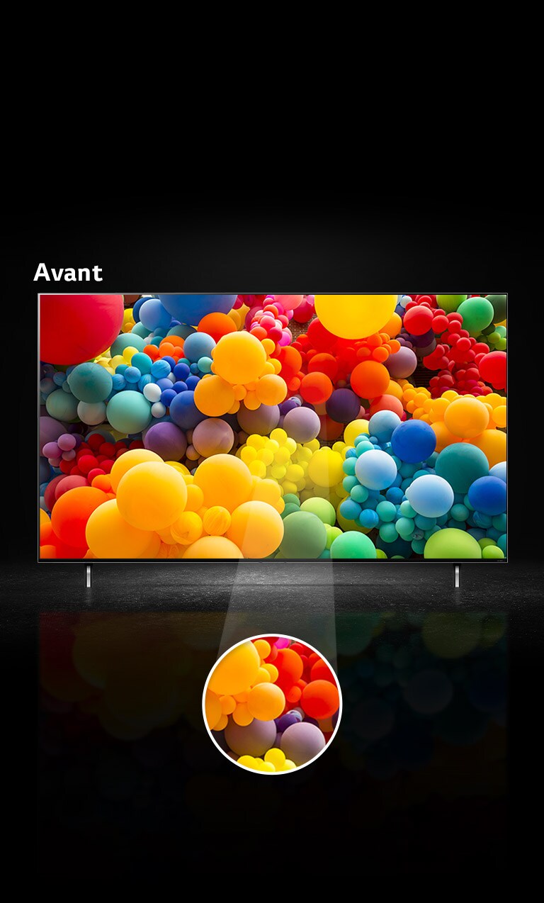 Vue de face de l’écran QNED et un mélange de ballons aux couleurs de l’arc-en-ciel à l’écran. Le texte indique « Avant » sur le dessus du téléviseur. Une partie centrale de l’écran est mise en évidence dans une zone circulaire séparée.