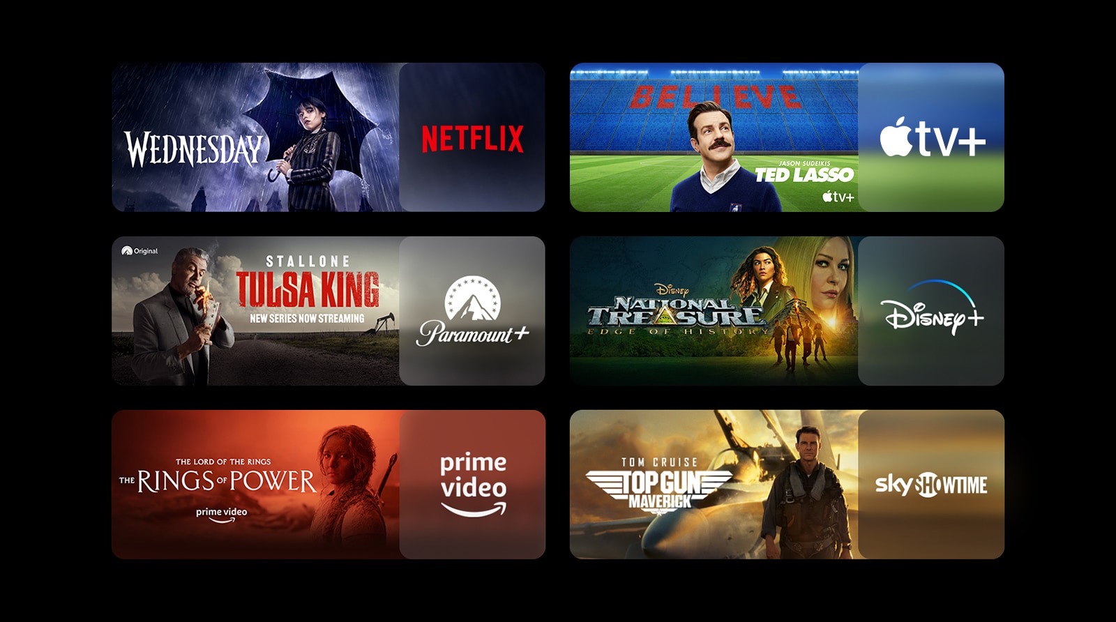 On peut voir six blocs d’images - chacun avec le logo de la plateforme de streaming et une image de séquence. Le logo Netflix avec la série Mercredi, le logo Apple TV plus avec la série Ted Lasso, le logo Paramount Plus avec la série Tulsa King, le logo Disney plus avec la série Trésors perdus, le logo Prime Video avec la série Les anneaux de pouvoir, le logo Sky Showtime avec le film Top gun.