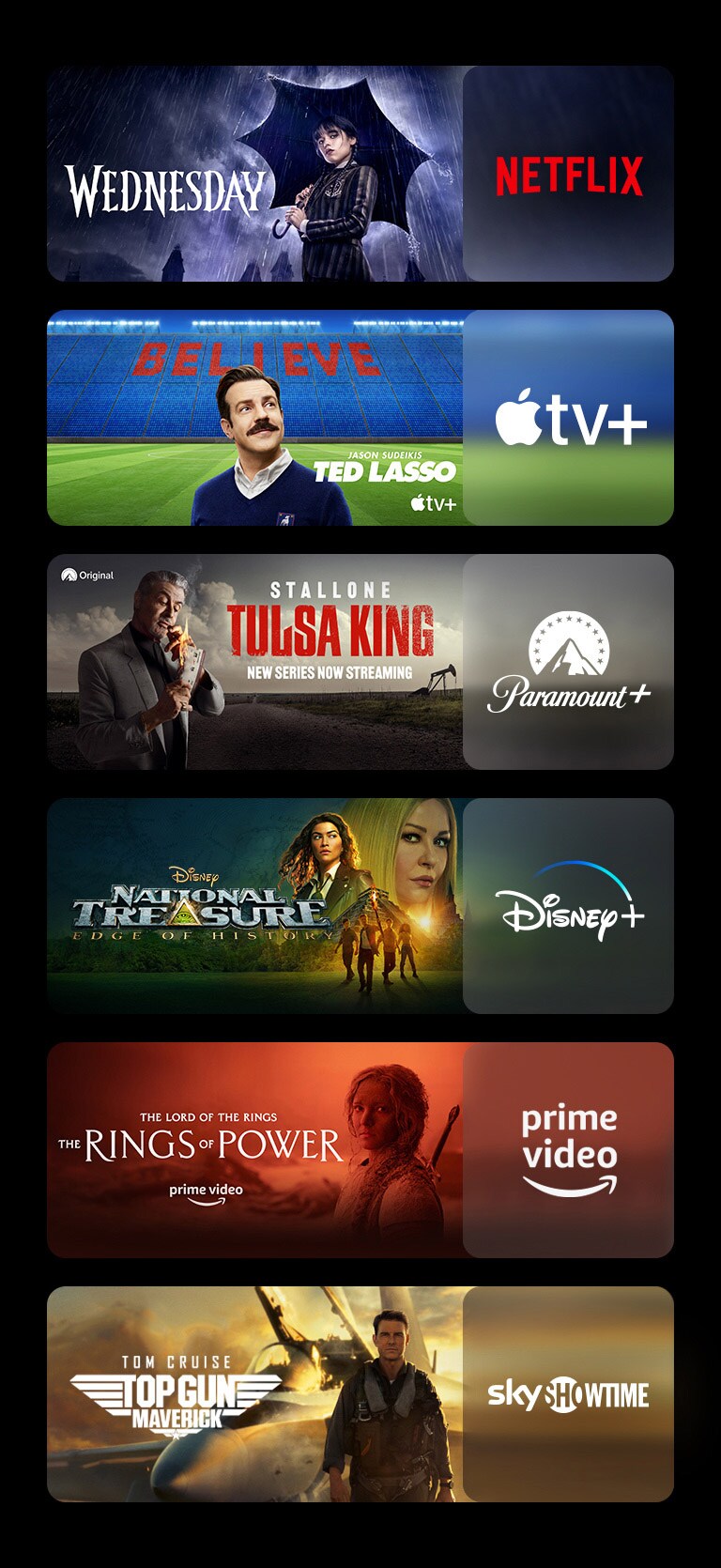 On peut voir six blocs d’images - chacun avec le logo de la plateforme de streaming et une image de séquence. Le logo Netflix avec la série Mercredi, le logo Apple TV plus avec la série Ted Lasso, le logo Paramount Plus avec la série Tulsa King, le logo Disney plus avec la série Trésors perdus, le logo Prime Video avec la série Les anneaux de pouvoir, le logo Sky Showtime avec le film Top gun.