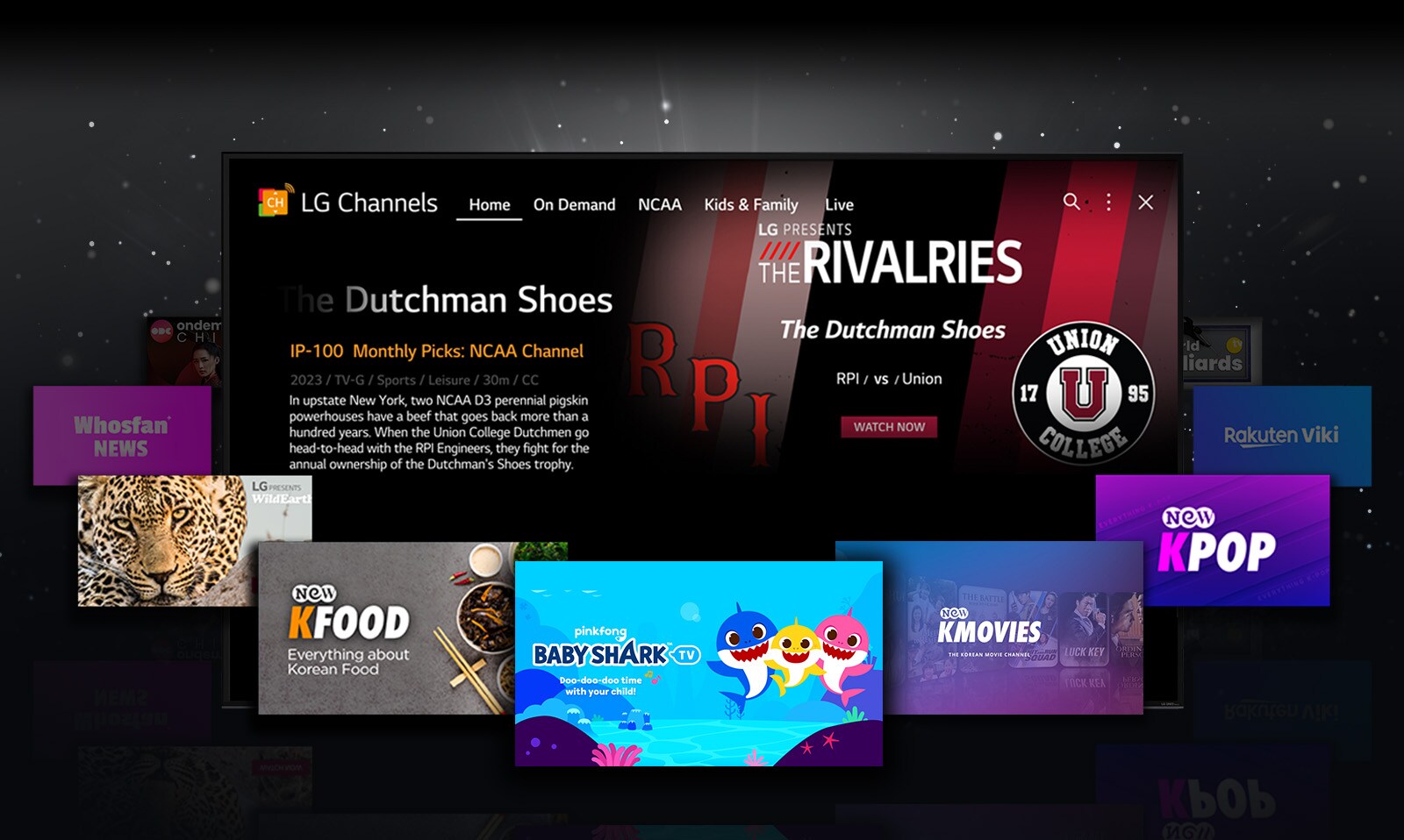 L'écran d'accueil de LG Channels est affiché, et plusieurs images de contenus disponibles sur LG Channels se trouvent à proximité.