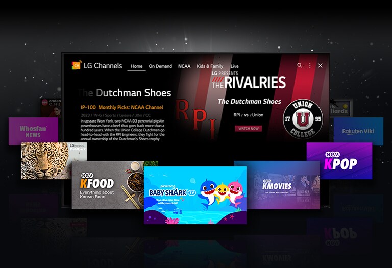 L'écran d'accueil de LG Channels est affiché, et plusieurs images de contenus disponibles sur LG Channels se trouvent à proximité.