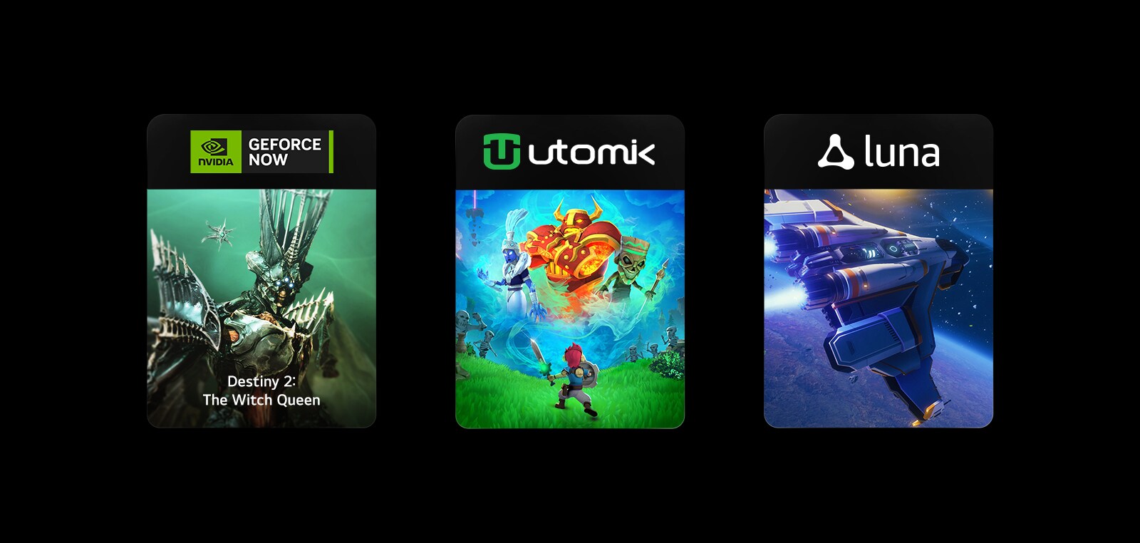 Trois blocs d’images sont visibles, chacun avec le logo et des images de jeu de GeForce NOW, Utomik et Luna.