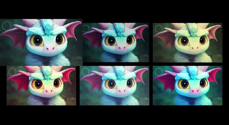 Il existe six types d'images de réglage de l'écran, et la sélection de deux d'entre elles permet d'afficher les six types d'options d'écran suivants. Une vidéo démontre ensuite la fonctionnalité de l'AI Picture Wizard en sélectionnant à nouveau deux des six options de l'écran.
