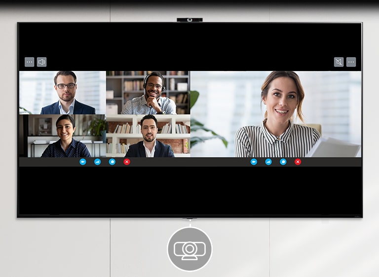 Un téléviseur équipé d’une LG Smart Cam est fixé sur un mur blanc. L'écran de télévision montre une scène de vidéoconférence, avec quatre personnes sur le côté gauche de l'écran partagé et une femme sur le côté droit.
