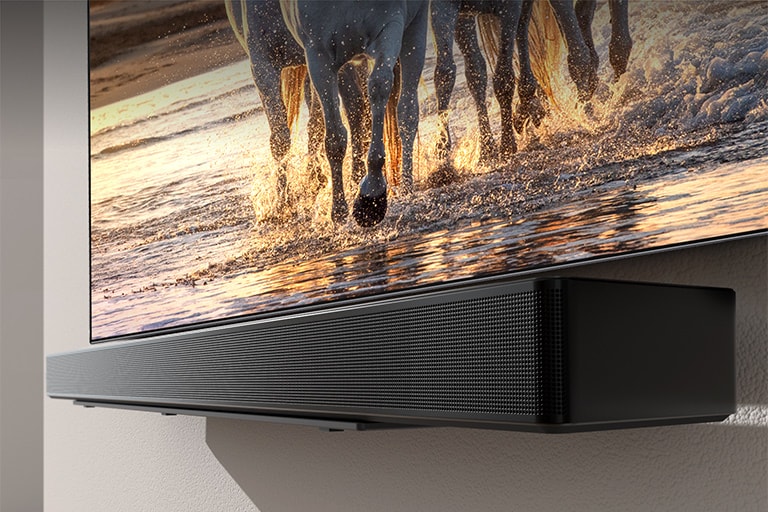 La partie inférieure du téléviseur et une barre de son sont visibles. Une scène représentant des chevaux courant sur une plage est affichée sur l’écran de TV.