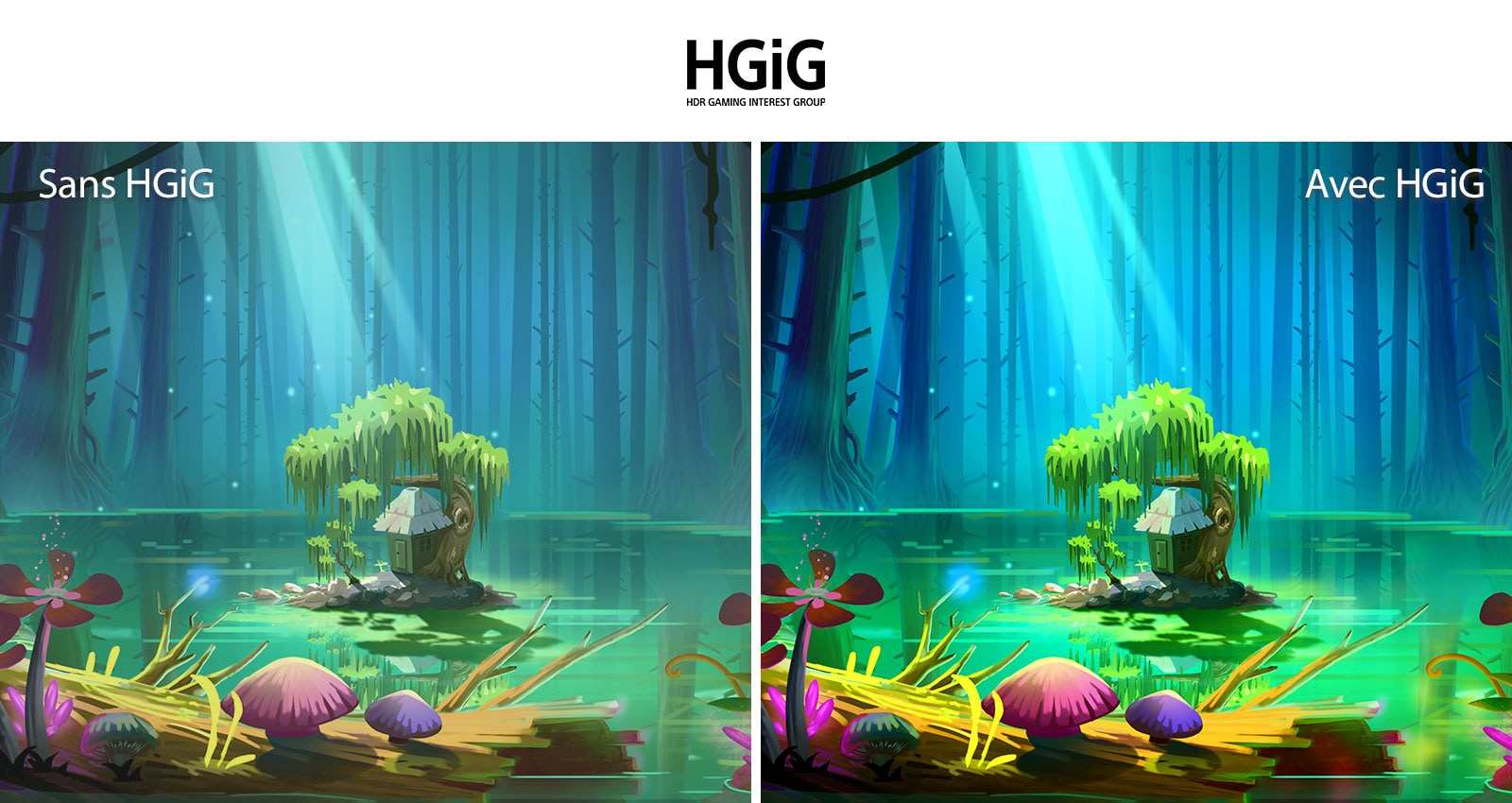 Une image animée d’une petite maison et d’un arbre, sur un petit terrain au milieu d’une mare entourée de grands arbres sans feuilles, accompagnée du texte « avec HGiG » en haut à droite, l’image est plus lumineuse et de meilleure qualité que celle sans HGiG.