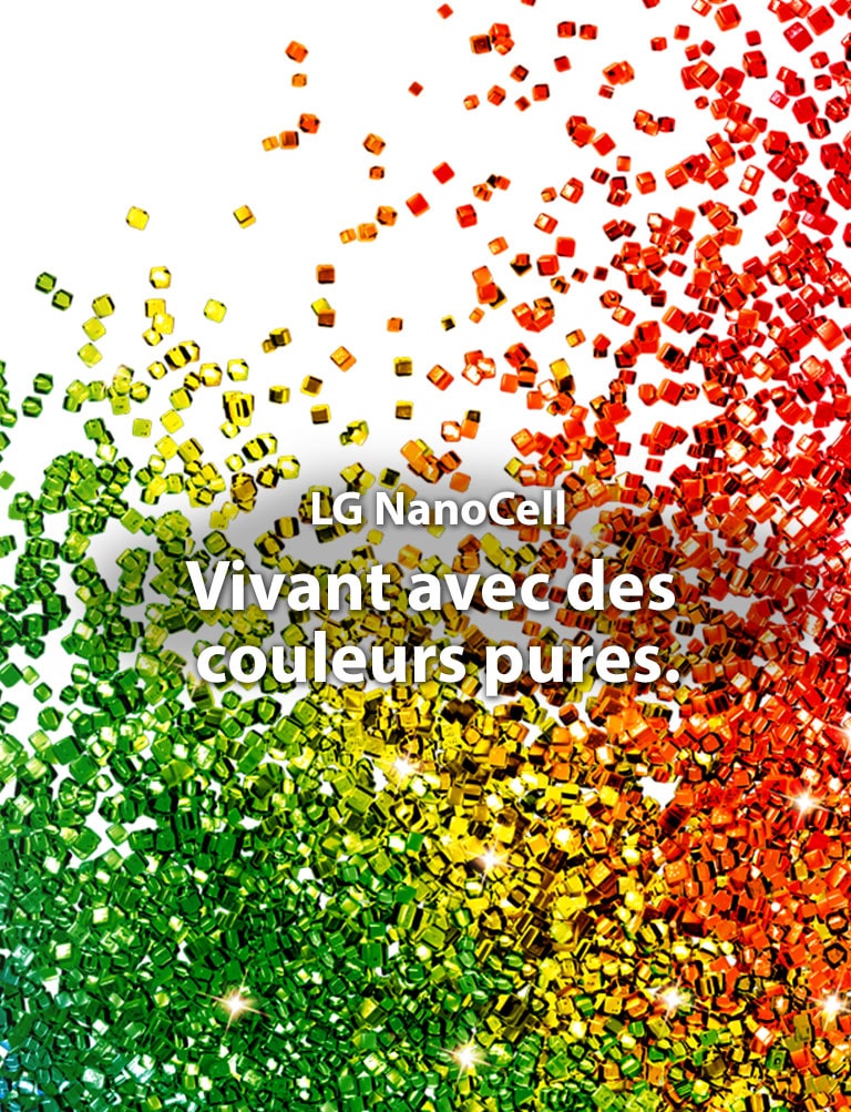 Un écran rempli de particules de couleurs vibrantes projetées sur un arrière-plan blanc.