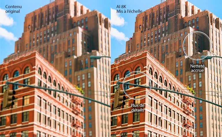 Deux images côte à côte d’immeubles en brique rouge. L’image à droite est plus nette et plus claire, montrant comment l’image mise à l’échelle IA 8K serait améliorée.