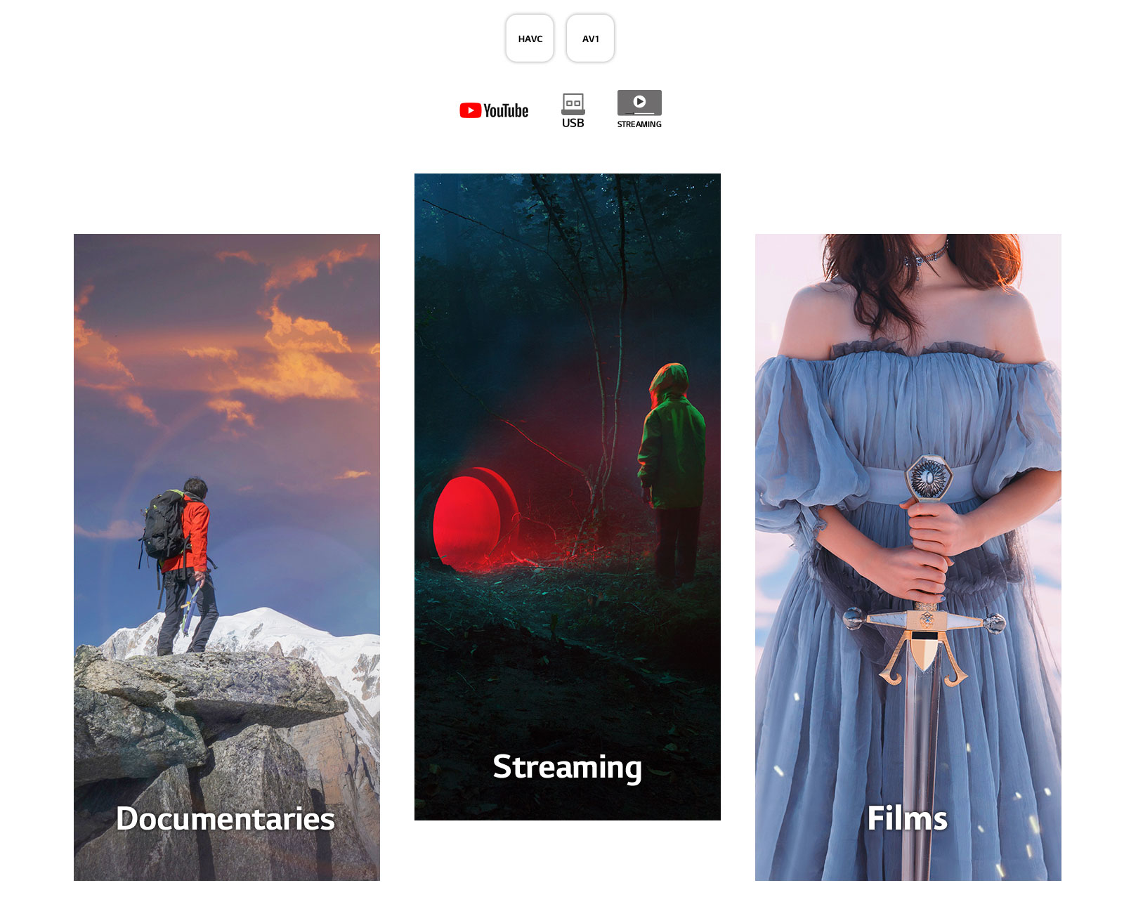 De gauche à droite, l’image d’un homme en tenue de randonnée se tenant sur une montagne ; une scène sombre d’un garçon se tenant près d’un tunnel émettant une lumière rouge ; et une femme en robe bleue tenant une épée sur un arrière-plan blanc.
