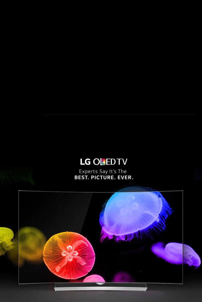 Téléviseur LG OLED de face affichant des méduses colorées sur un fond noir absolu