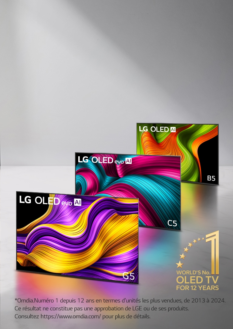 Gamme de trois TVs LG OLED evo AI en formation, les TVs C5, G5 et B5. L’emblème Marque de TV OLED numéro 1 dans le monde depuis 12 ans figure dans le coin. 