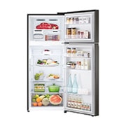 LG 395(L) | Réfrigérateur avec congélateur en haut |Compresseur Smart Inverter | LinearCooling™ | DoorCooling+™, Vue ouverte de face avec nourriture stockée, GL-B392PXGB, thumbnail 2