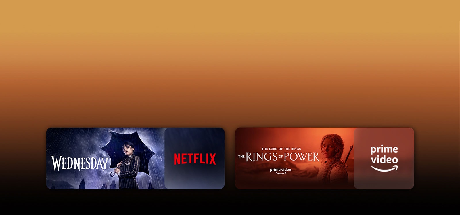 Les logos de plateformes de services de streaming et les séquences correspondantes se trouvent juste à côté de chaque logo. On peut voir des images de Mercredi sur Netflix et du Seigneur des Anneaux : Les Anneaux de Pouvoir sur PRIME VIDEO.