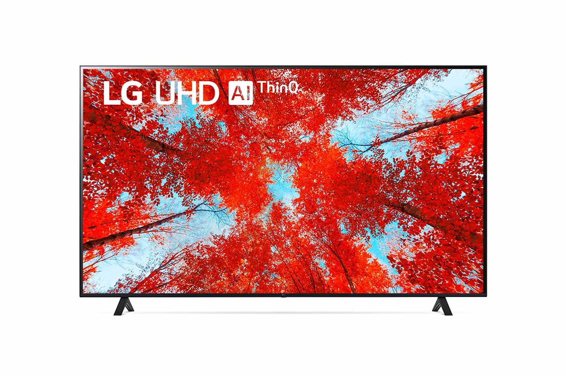LG UHD 4K Smart TV de 86 pouces Série UQ90, Vue avant du téléviseur UHD de LG avec image de remplissage et logo du produit, 86UQ90006LC