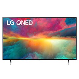 Vue avant du téléviseur LG QNED fond d'écran et logo du produit2