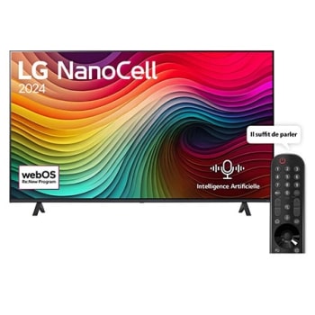 Vue avant du LG NanoCell TV, NANO80 avec le texte LG NanoCell, 2024, et le logo de webOS Re:New Program à l'écran.1