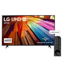 Vue avant du LG UHD TV, UT80 avec le texte LG UHD AI ThinQ, 2024, et le logo de webOS Re:New Program à l'écran.2
