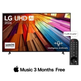 Vue avant du LG UHD TV, UT80 avec le texte LG UHD AI ThinQ, 2024, et le logo de webOS Re:New Program à l'écran.2
