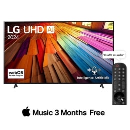Vue avant du LG UHD TV, UT80 avec le texte LG UHD AI ThinQ, 2024, et le logo de webOS Re:New Program à l'écran.2