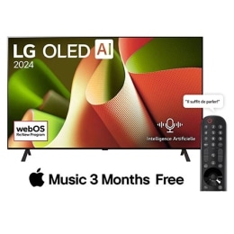 Vue de face avec LG OLED TV, OLED B4, 11 ans en tant que numéro 1 mondial de l'emblème OLED et le logo du programme webOS Re:New sur l'écran avec un support à 2 pôles2