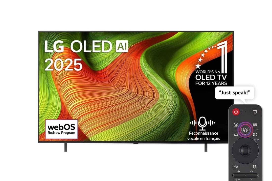 LG Smart TV LG OLED AI B5 4K 55 pouces 120 Hz Télécommande AI Magic Remote webOS25 2025 , Vue avant de la Smart TV LG OLED AI B5 4K. L’emblème OLED numéro 1 dans le monde pendant 12 ans et le logo LG OLED AI 2025 sont à l’écran., OLED55B56LA