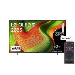 Vue avant de la Smart TV LG OLED AI B5 4K. L’emblème OLED numéro 1 dans le monde pendant 12 ans et le logo LG OLED AI 2025 sont à l’écran.2