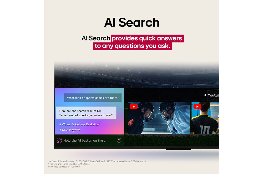 LG Smart TV LG NanoCell AI NANO80 4K 65&nbsp;pouces Télécommande AI Magic Remote HDR10 webOS25 2025 , Gros plan sur un téléviseur LG montrant comment AI Search fonctionne. Une petite fenêtre de chat est ouverte, montrant comment l’utilisateur a demandé les jeux de sport disponibles. AI Search a répond, 65NANO80A6A, thumbnail 11