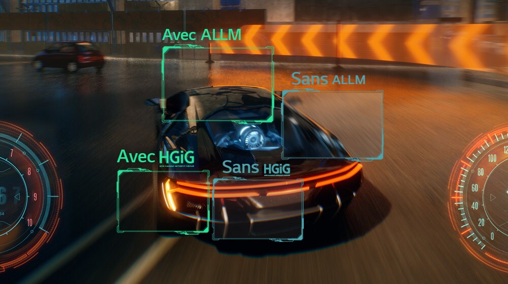 Une photo fixe d’un jeu de course montrant la qualité d’image améliorée fournie par HGIG et ALLM par rapport à l’image obtenue sans ces fonctionnalités.