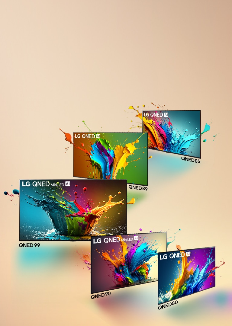 LG QNED 80, QNED 90, QNED 99, QNED 89, et QNED 85 TV se tenant côte à côte dans une ligne angulaire avec QNED 99 TV vers l’avant et les autres à un angle de 45° C. Des gouttelettes colorées et des vagues de peinture proviennent de chaque écran et la lumière rayonne, projetant des ombres colorées en dessous.
