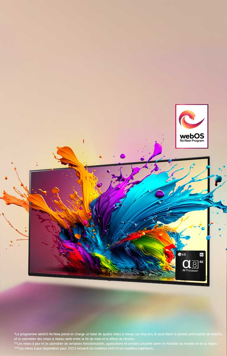Le TV LG QNED sur fond rose pâle. Des gouttelettes colorées et des vagues de peinture proviennent de l’écran et la lumière rayonne, projetant des ombres colorées en dessous. Le processeur alpha 8 AI se trouve dans le coin inférieur droit de l’écran du téléviseur.  Le logo « webOS Re:New Program » est dans l’image. Une clause de non-responsabilité stipule que : « Le programme webOS Re:New prend en charge un total de quatre mises à niveau sur cinq ans, le seuil étant la version préinstallée de webOS, et le calendrier des mises à niveau varie entre la fin du mois et le début de l’année. » « Les mises à jour et le calendrier de certaines fonctionnalités, applications et services peuvent varier en fonction du modèle et de la région. »  « Les mises à jour disponibles pour 2023 incluent les modèles UHD et les modèles supérieurs. »
