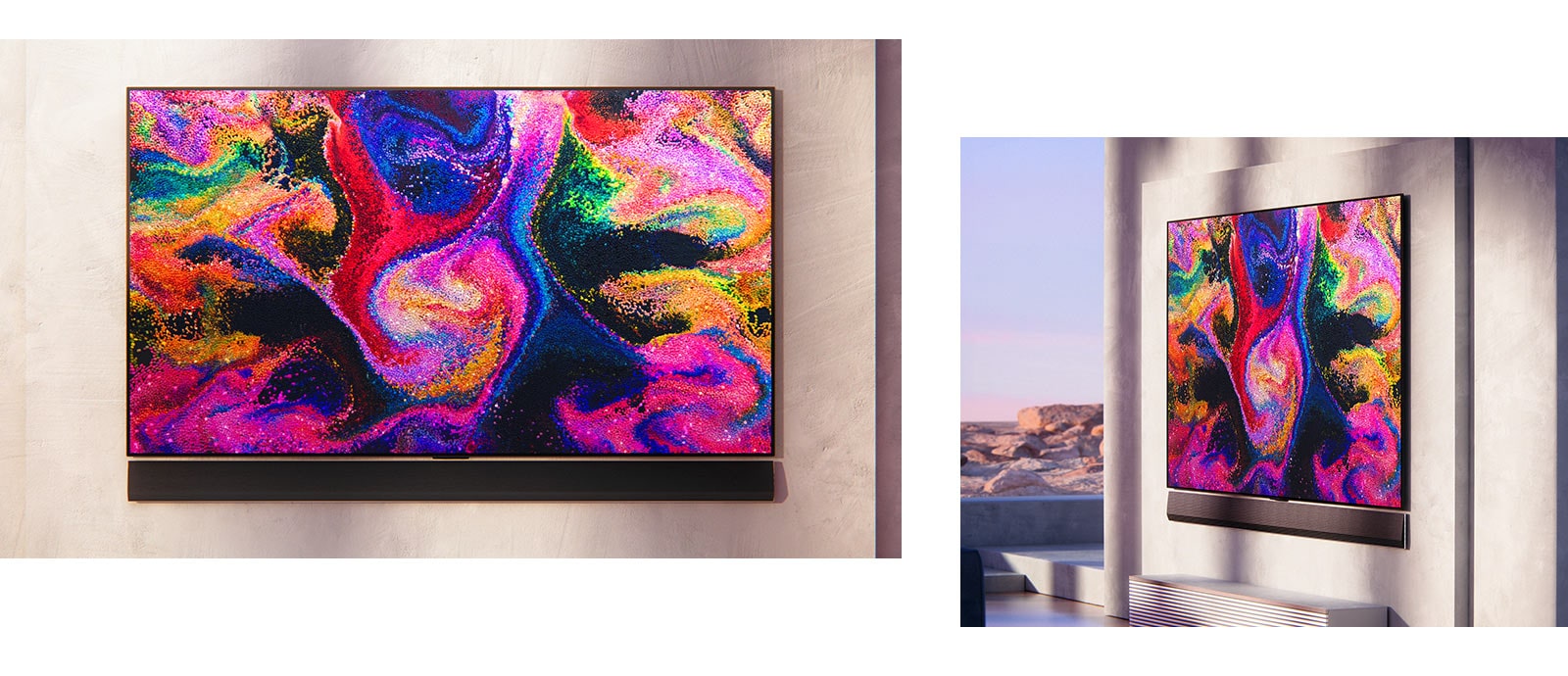 Un téléviseur affichant une peinture colorée et une barre de son sous le téléviseur sont accrochés au mur. Un téléviseur affichant une peinture colorée et une barre de son sous le téléviseur sont accrochés au mur.